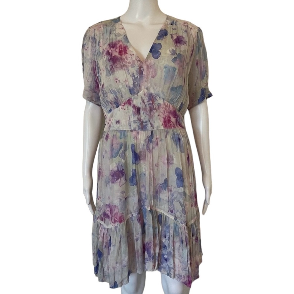 The Kooples Water Color Printed Chiffon Frill Trim Sway Shift V Neck Dress 2